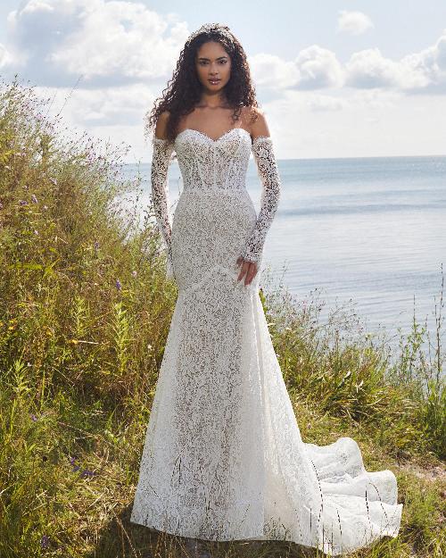 La24111 lace mermaid wedding dress with sleeves off the shoulder or strapless neckline1